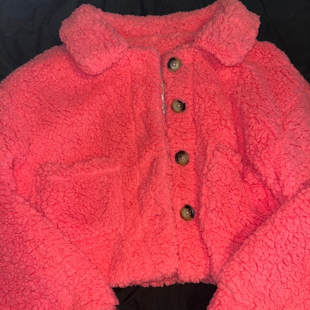NWOT Vibrant Collared Pink Teddy Jacket